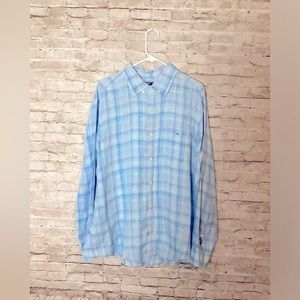 Vinegar Vines Tucker classic fit blue plaid linen button down shirt